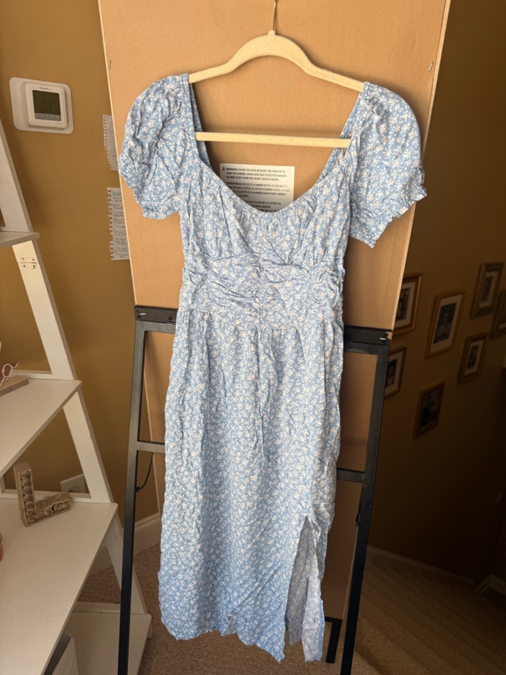 SHEIN Light Blue Floral Puff-Sleeve Midi Dress